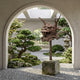 Giant Sculptures Traditional Chinese Dragon Head Bronze Sculpture 45cm on a stone block in a Japanese garden with bonsai, moss, gravel, and a stone lantern.