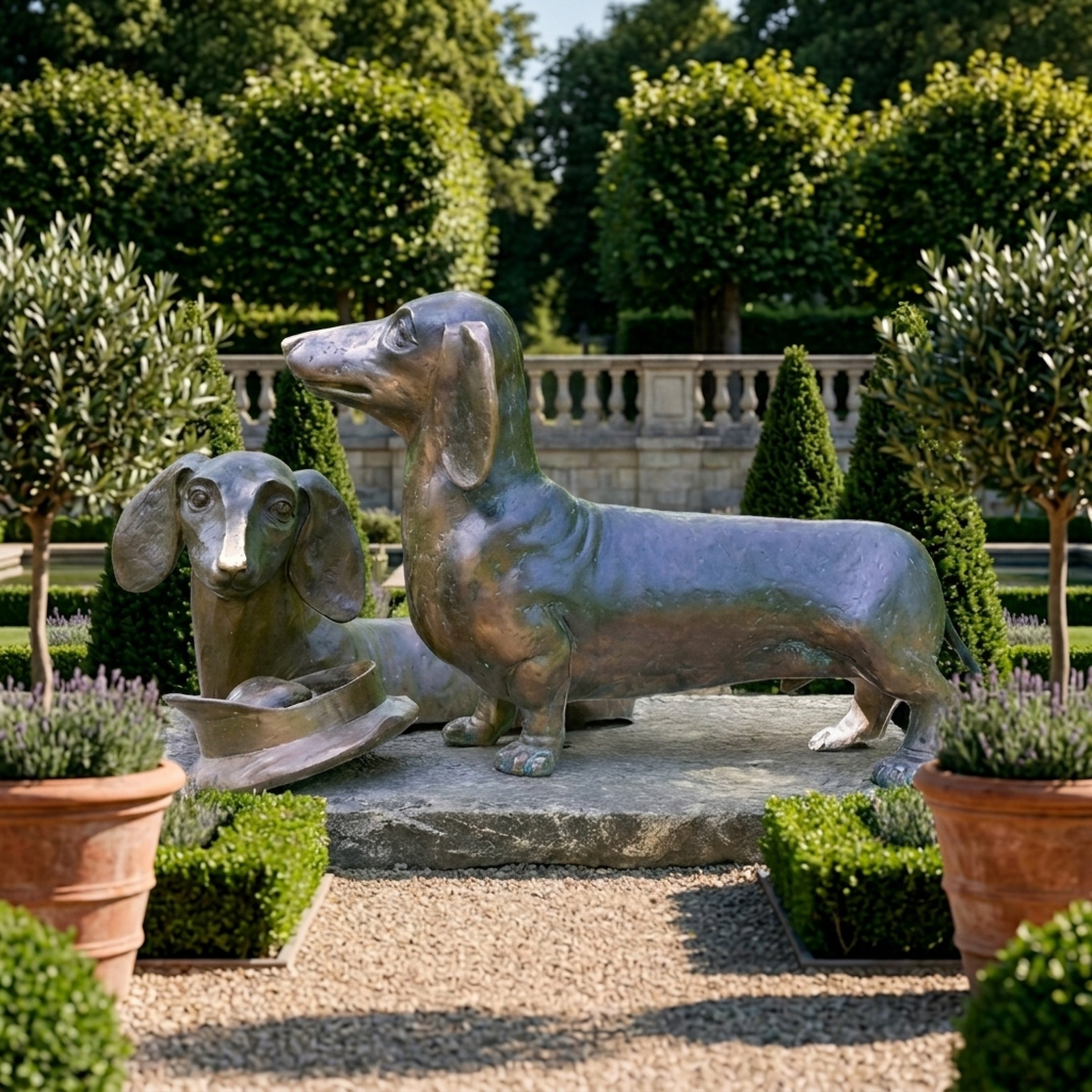 Traditional Dachshund Pair Bronze Sculpture by Giant Sculptures displayed on a stone plinth in a formal garden with topiary, lavender, and terracotta pots.