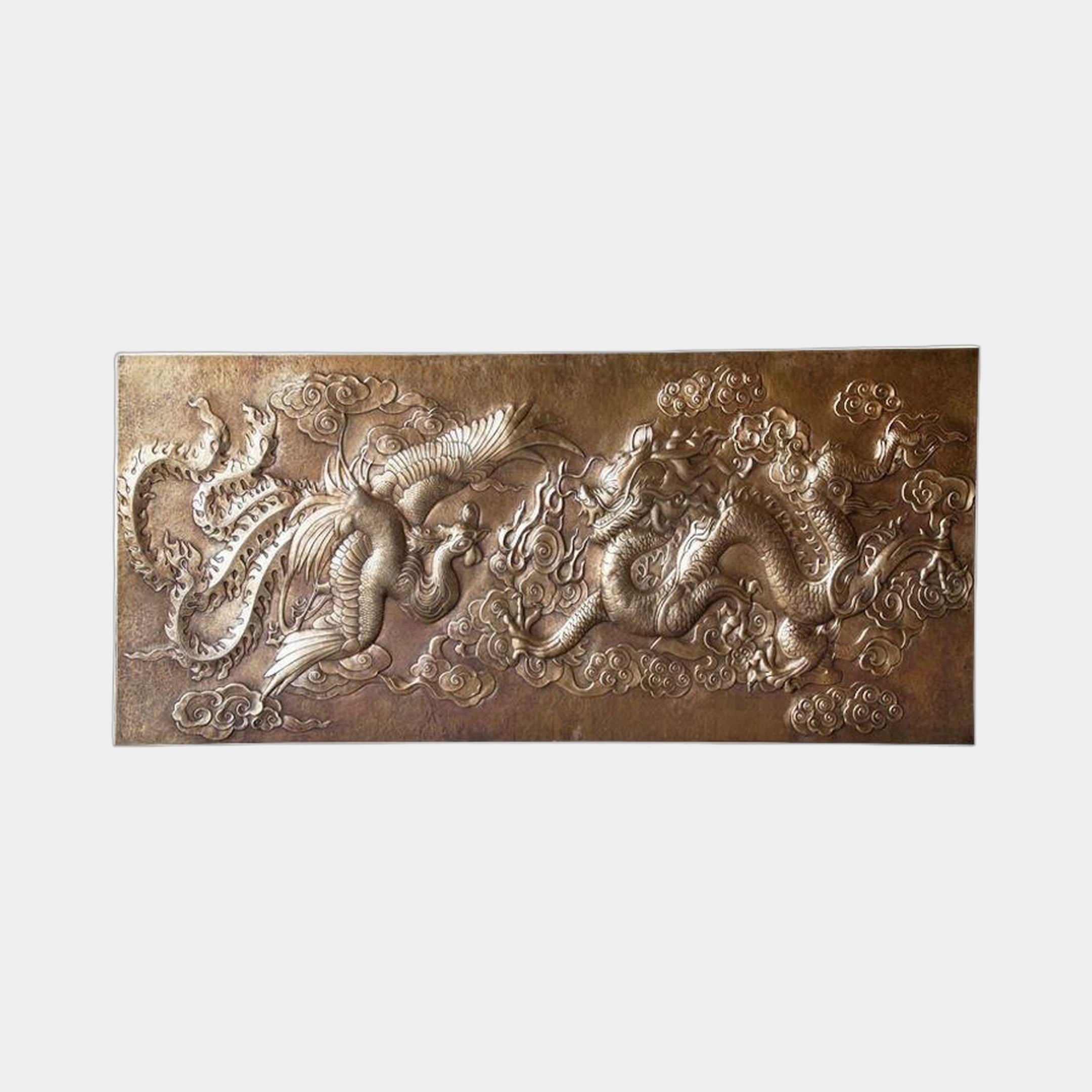 Traditional Dragon and Phoenix Bronze Relief by Giant Sculptures, an 80cm horizontal cast bronze wall panel with a coiling dragon and phoenix among ruyi clouds.