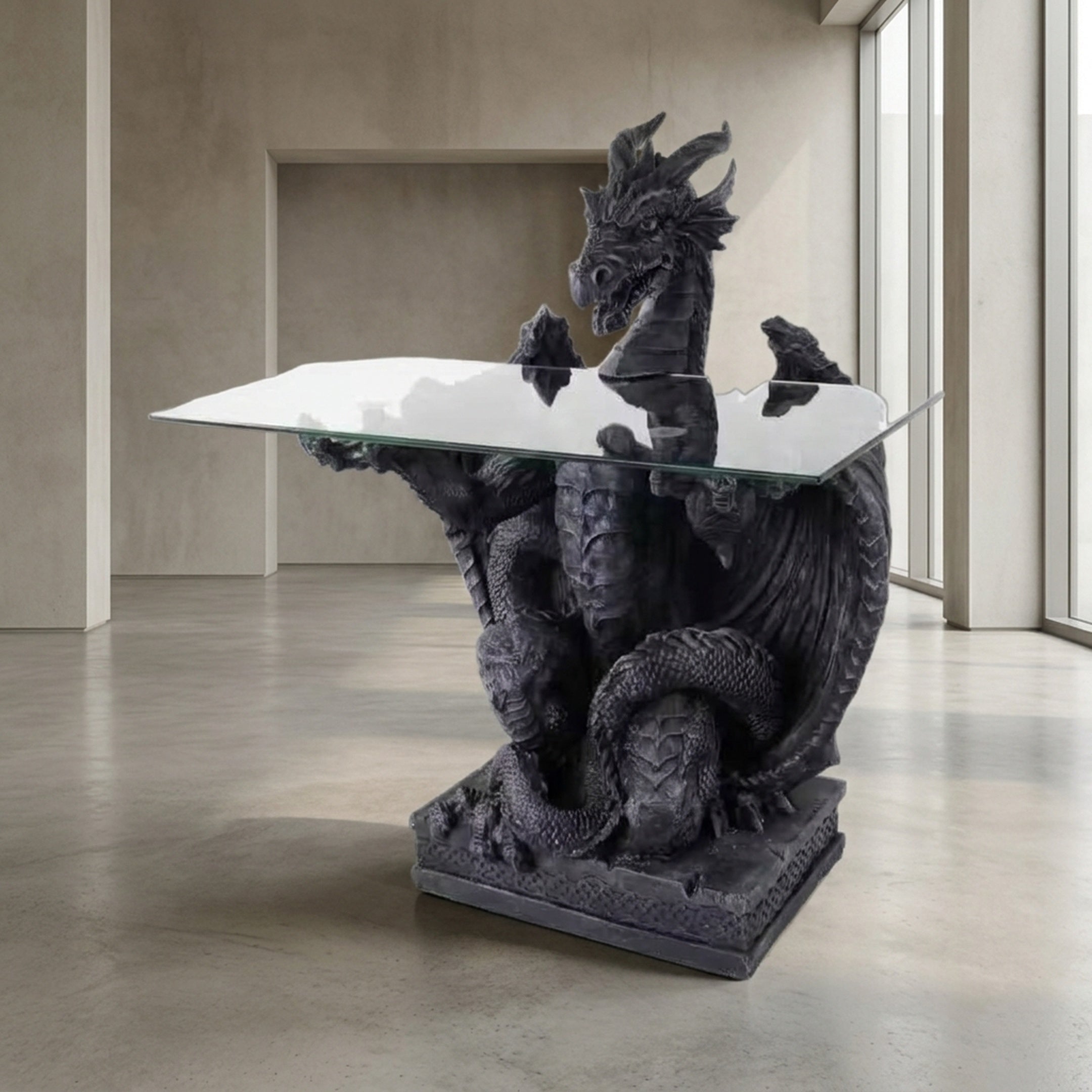 Traditional Dragon Coffee Table Bronze Sculpture by Giant Sculptures with black patina finish, rearing dragon supporting a rectangular glass top in a minimal interior.
