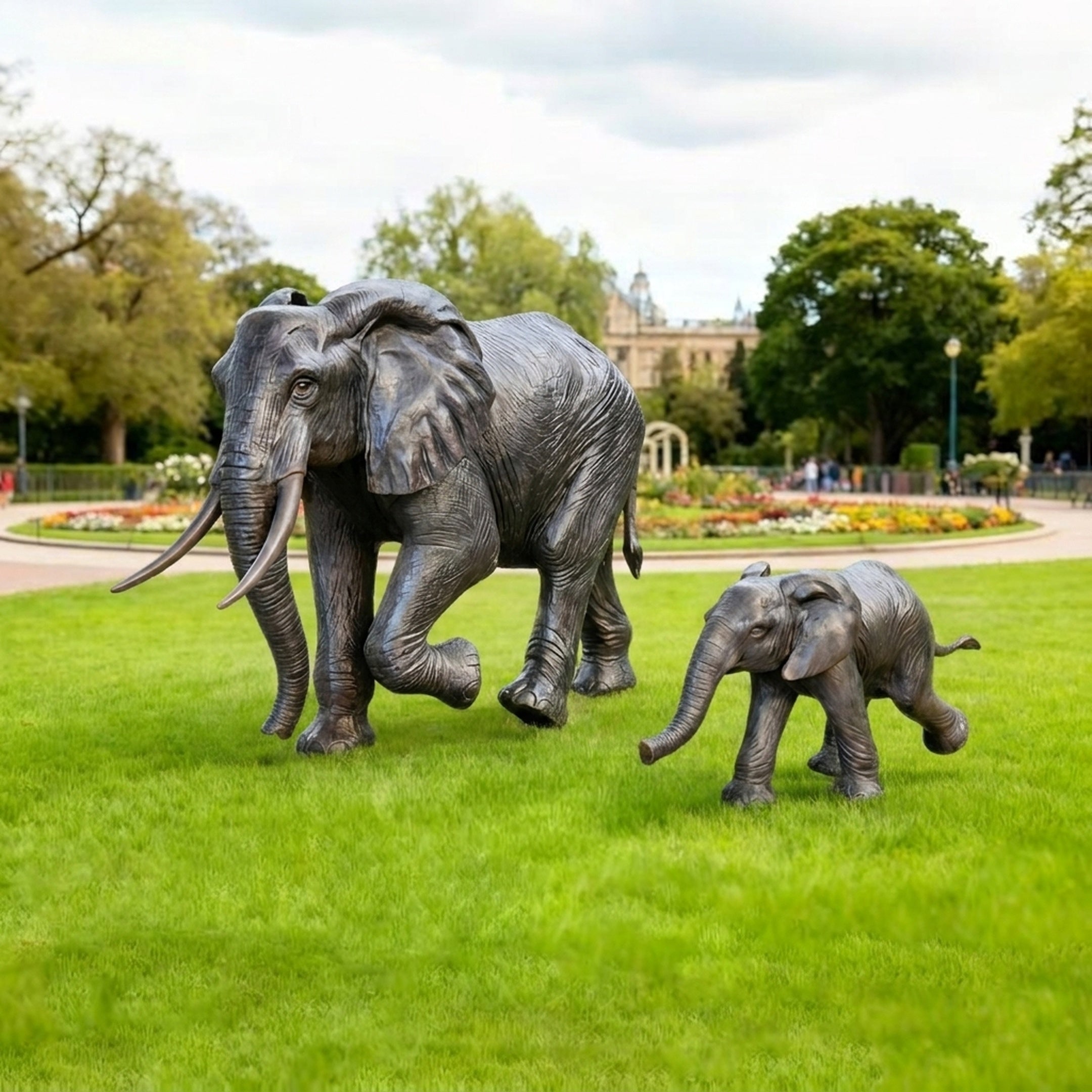 Traditional Elephant Pair Bronze Sculpture by Giant Sculptures, 110cm adult with pale tusks and calf striding across a lawn in a formal park setting.
