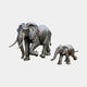 Traditional Elephant Pair Bronze Sculpture (Calf Companion) 110cm by Giant Sculptures, dark patinated adult with pale tusks and calf mid-stride on plain background.