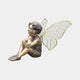 Traditional Fairy Boy Child Bronze Sculpture by Giant Sculptures, seated in profile with hand to cheek and large golden veined wings, shown on a plain grey background.