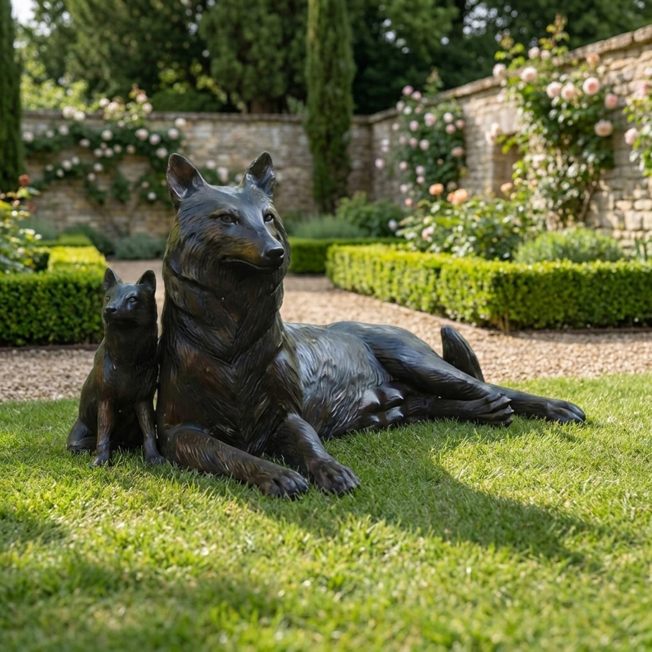 Traditional German Shepherd and Pup Bronze Sculpture by Giant Sculptures, reclining adult with seated pup in dark patina, placed on lawn in a walled rose garden.
