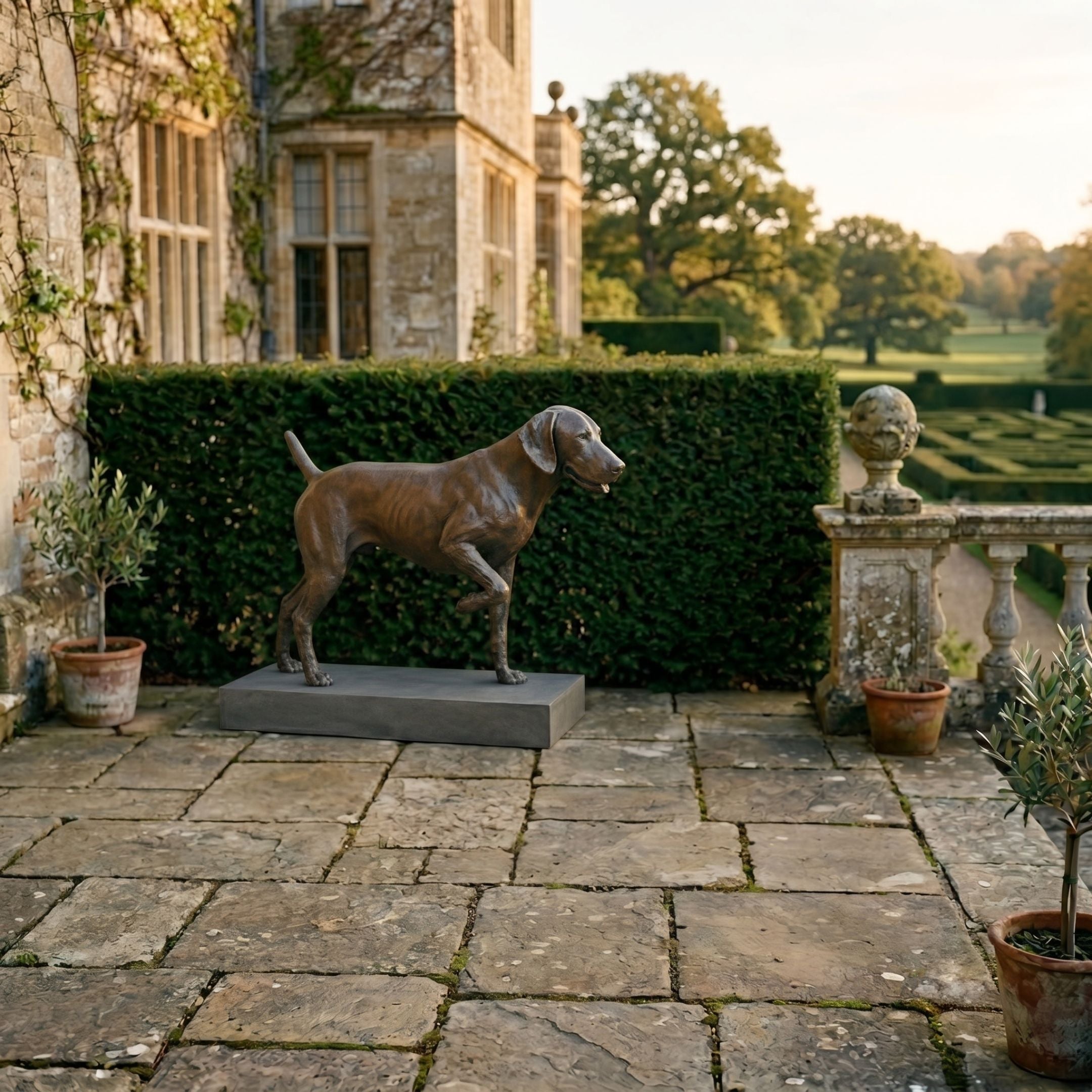 Traditional Labrador Retriever Dog Bronze Sculpture by Giant Sculptures in pointing stance on a grey plinth, set on a flagstone terrace beside a manor house.