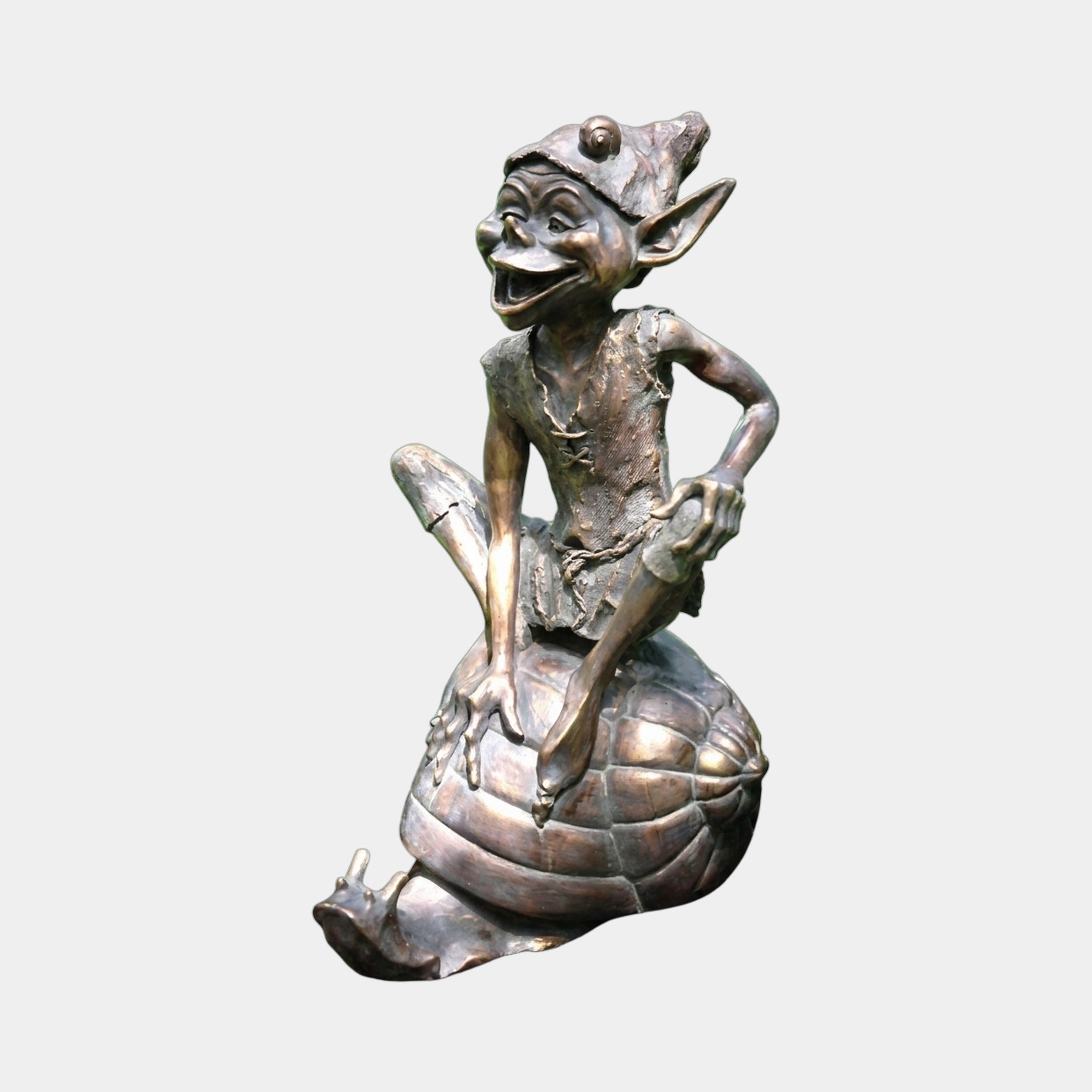 Traditional Laughing Goblin on Tortoise Bronze Sculpture by Giant Sculptures, 80cm, with warm brown patina, shown head thrown back in laughter on a light background.