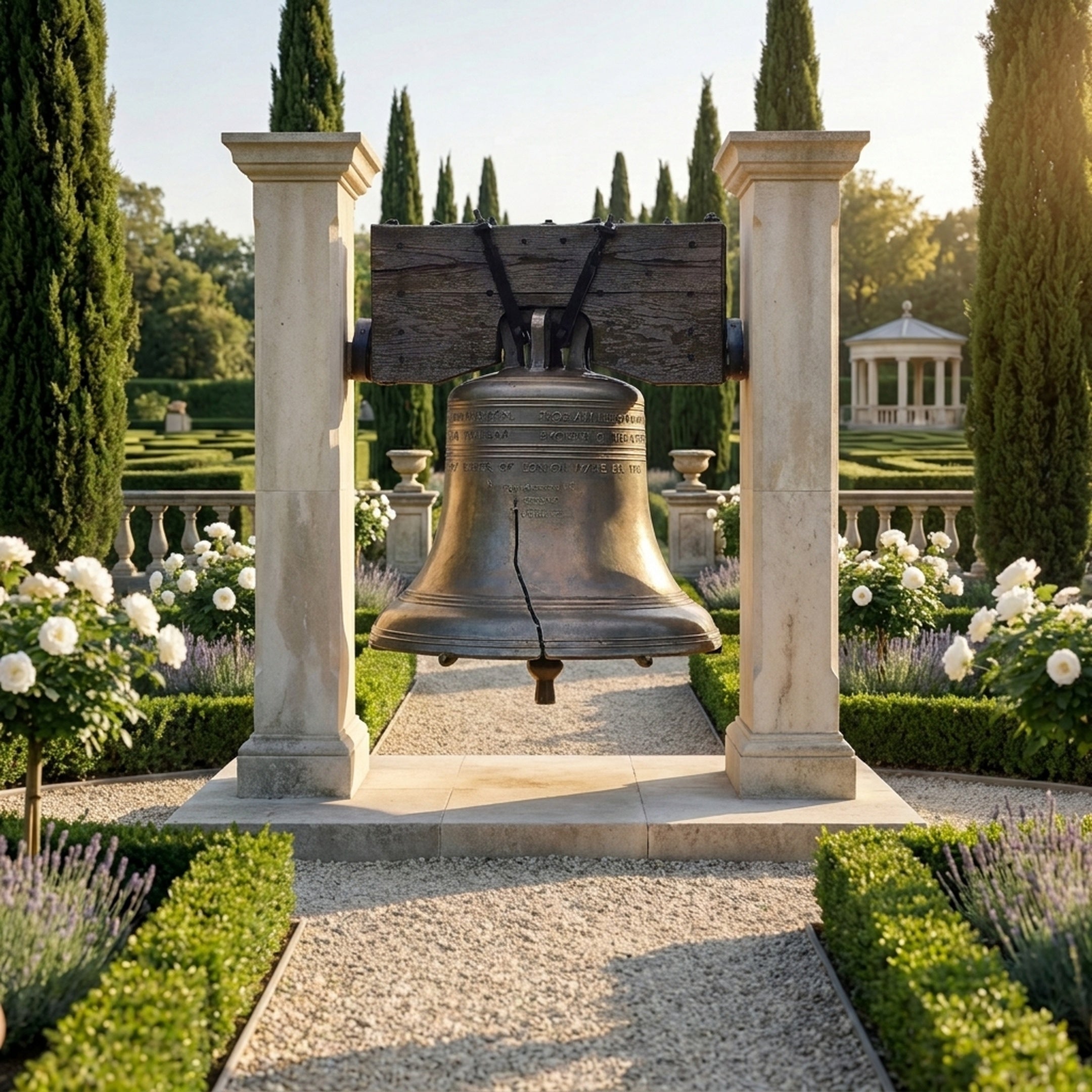 Traditional Liberty Bell Bronze Sculpture by Giant Sculptures, 91cm, suspended from a wooden yoke between two stone pillars in a formal garden with cypress trees.