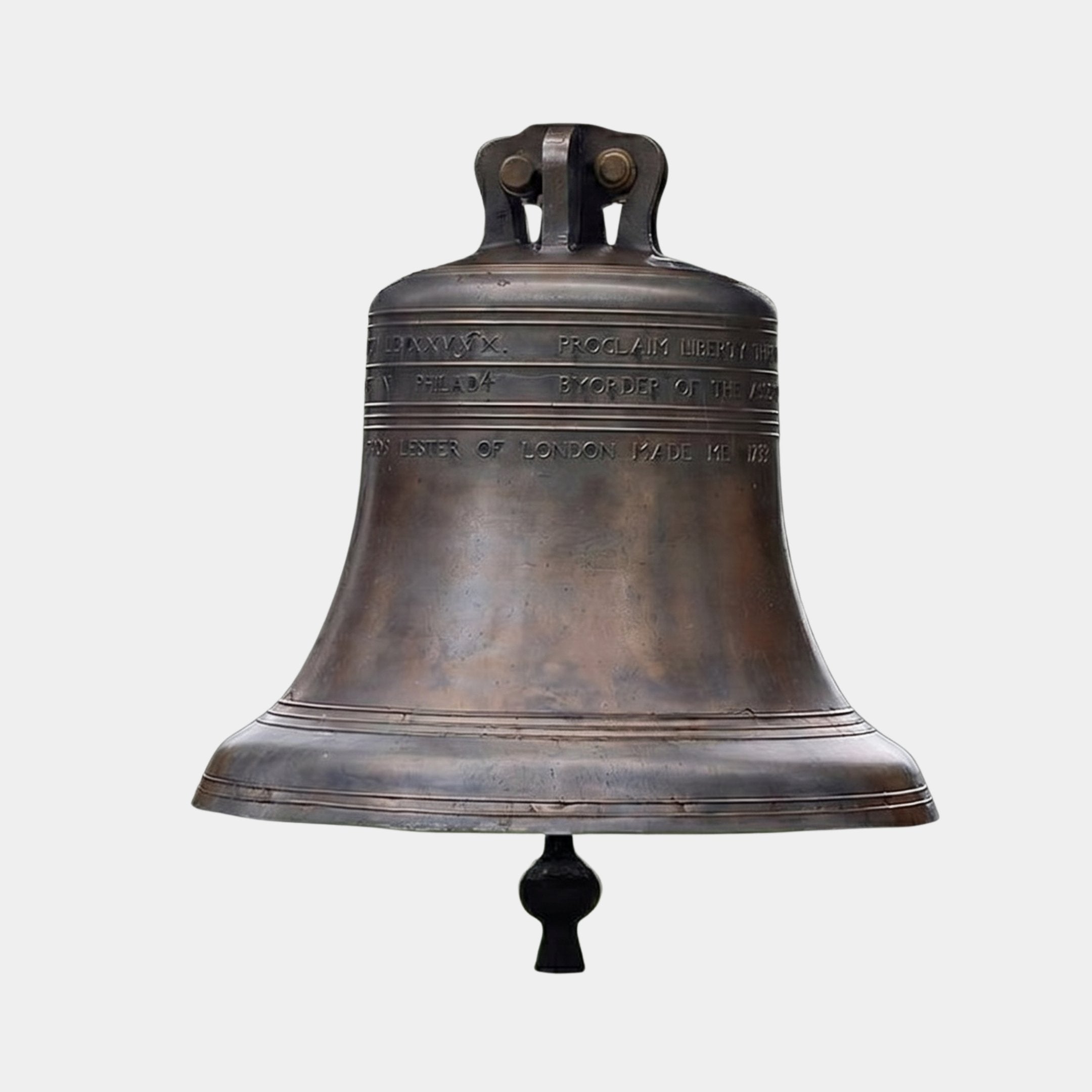 Traditional Liberty Bell Bronze Sculpture by Giant Sculptures, 91cm tall with antique golden-brown patina, raised inscription bands, and dark clapper, on a plain background.