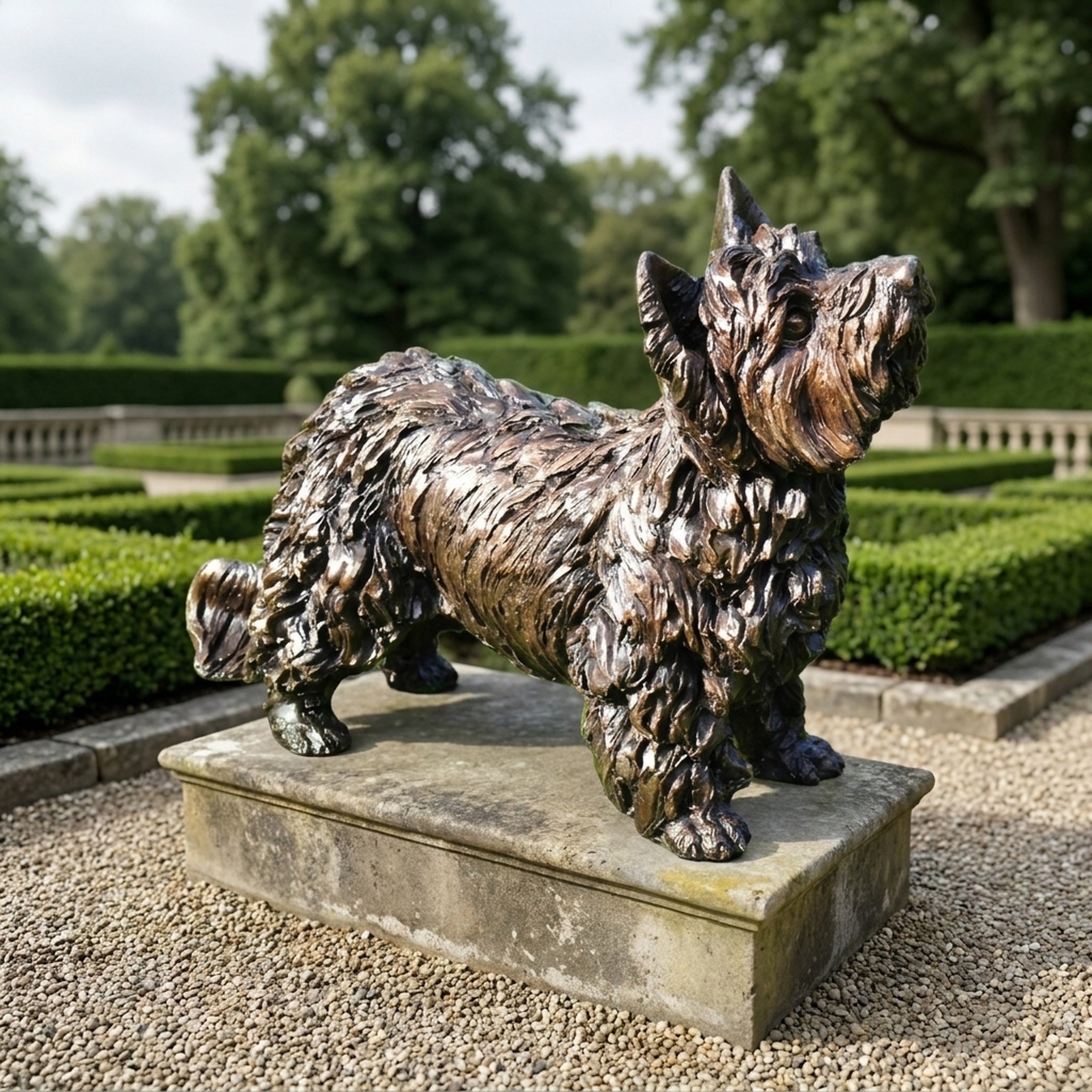 Traditional Long-Haired Terrier Dog Bronze Sculpture by Giant Sculptures, side view on a stone plinth in a formal hedged garden, showing detailed coat patina.