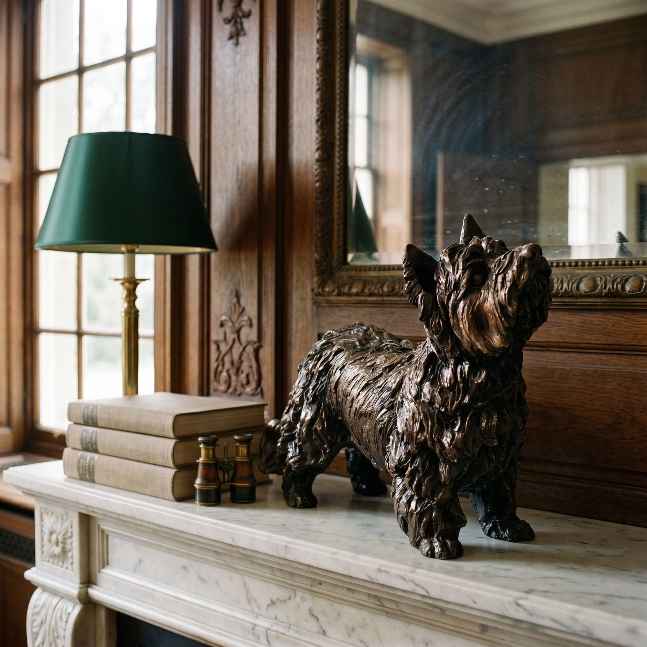 Giant Sculptures Traditional Long-Haired Terrier Dog Bronze Sculpture 60cm displayed on a marble mantelpiece beside antique books, brass binoculars, and a green-shaded lamp.