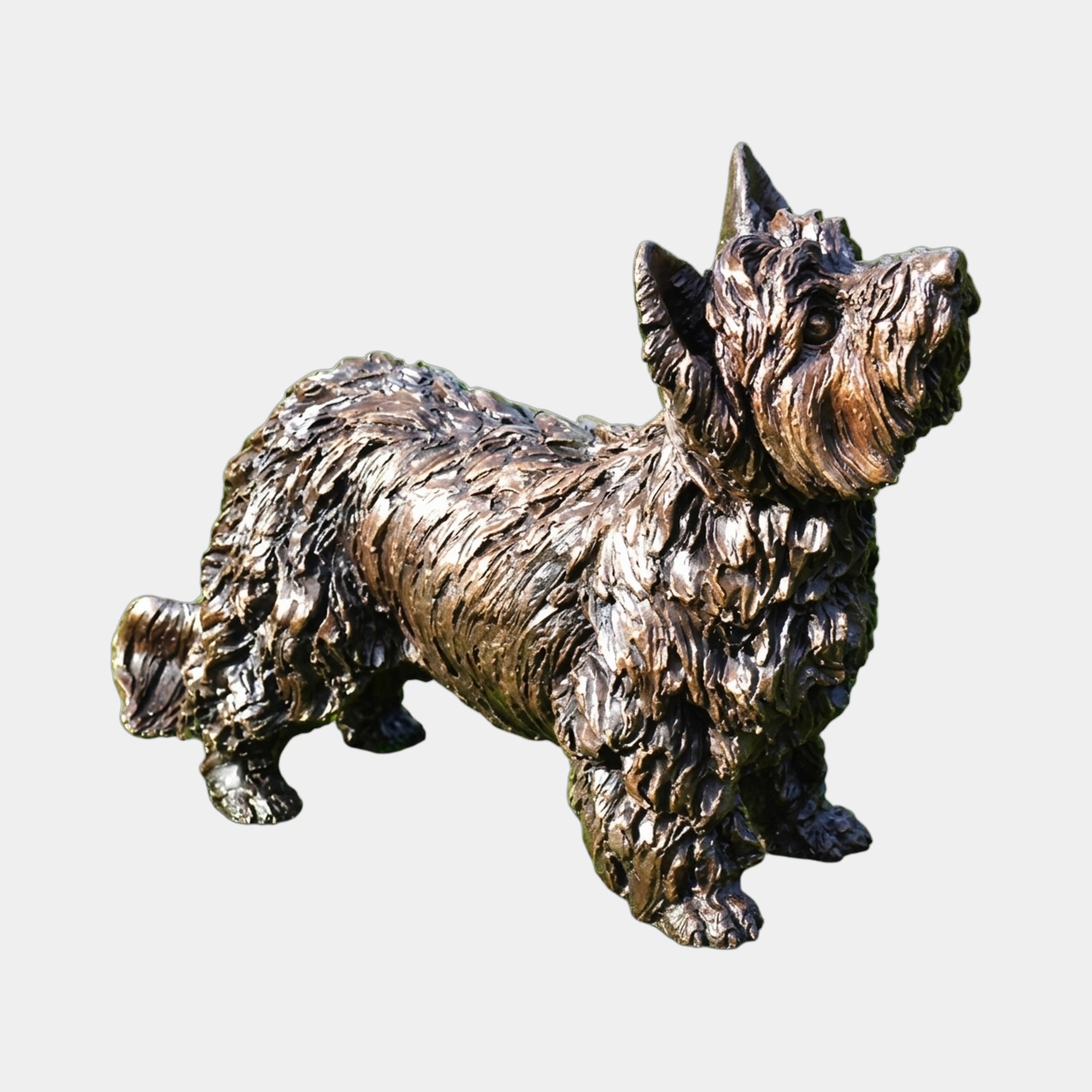 Traditional Long-Haired Terrier Dog Bronze Sculpture by Giant Sculptures, 60cm, shown side-on with head raised and ears erect, against a plain background.