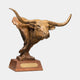 Traditional Longhorn Bull Head Bronze Bust by Giant Sculptures in warm golden-brown patina, mounted on a stepped hardwood plinth with an "Old Chisholm" brass nameplate.