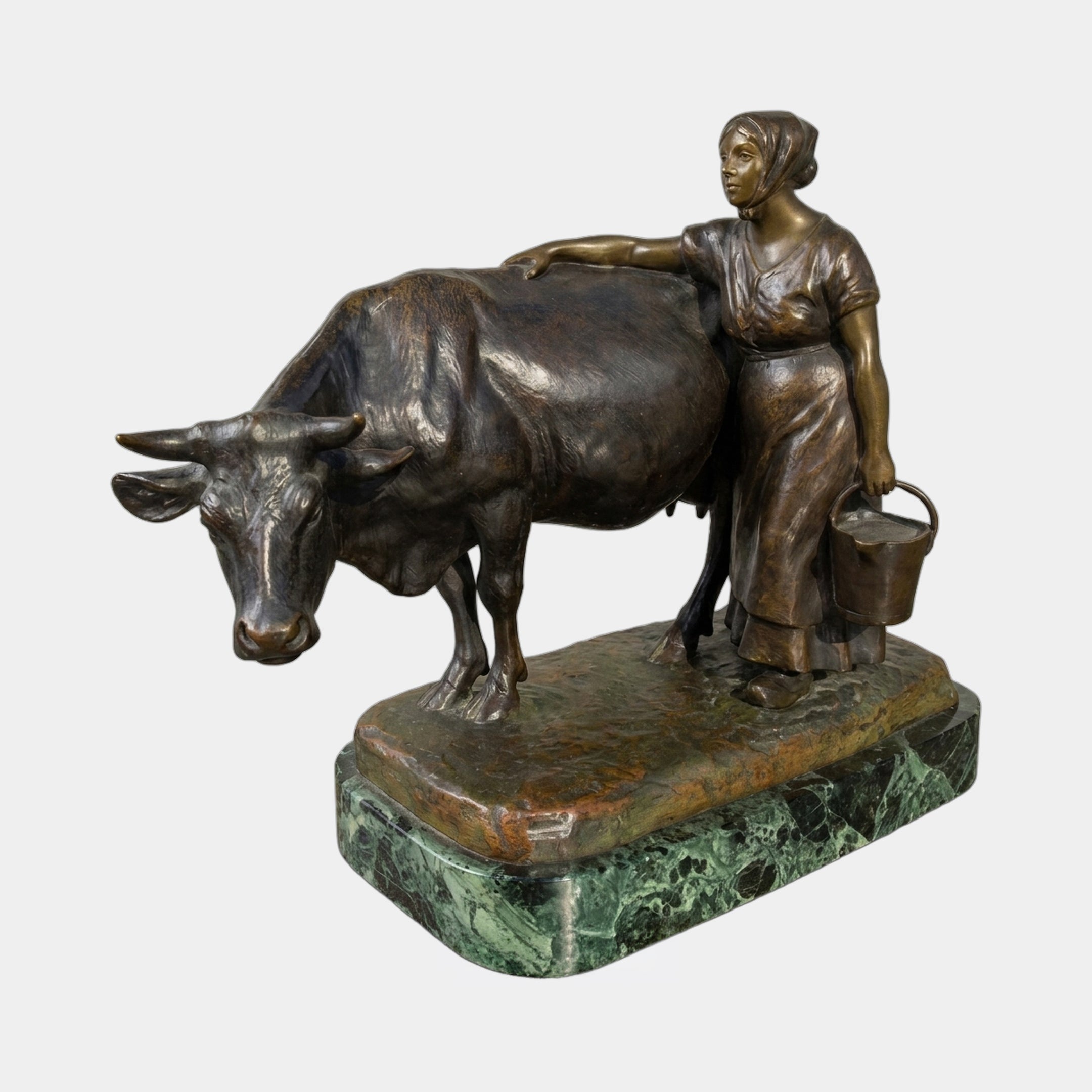 Traditional Milkmaid and Bull Bronze Sculpture by Giant Sculptures, 45cm, milkmaid with pail resting her arm on the bull, on a green marble base.