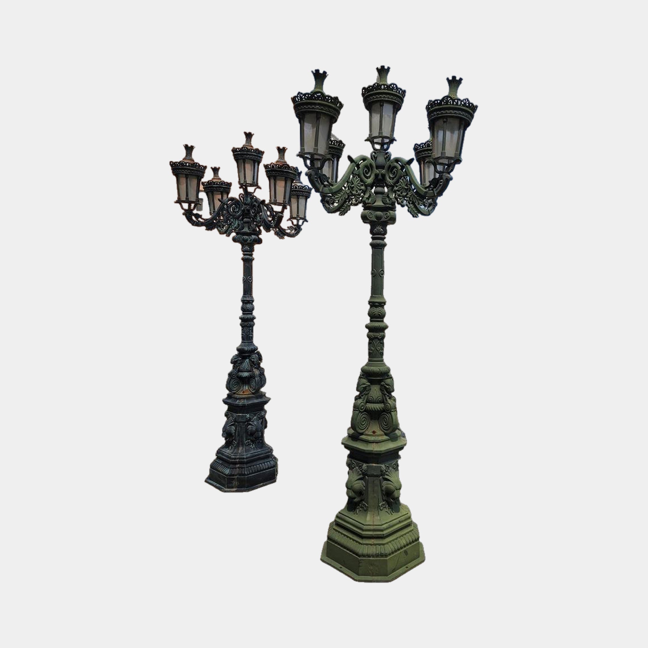 Giant Sculptures Traditional Ornate Six-Arm Street Lamp Post Bronze Sculpture 300cm shown as two cast bronze lamp posts in verdigris green and black finishes.