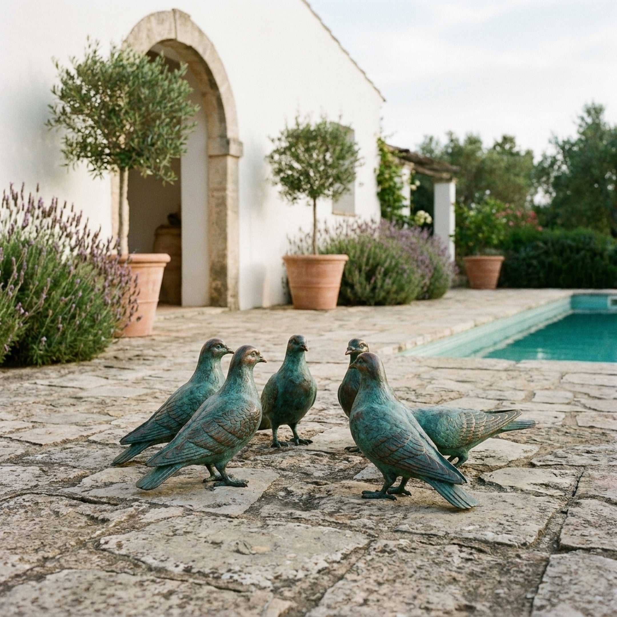 Traditional Pigeon Flock Bronze Sculpture by Giant Sculptures with verdigris patina, displayed on stone paving beside a pool with lavender and olive trees.