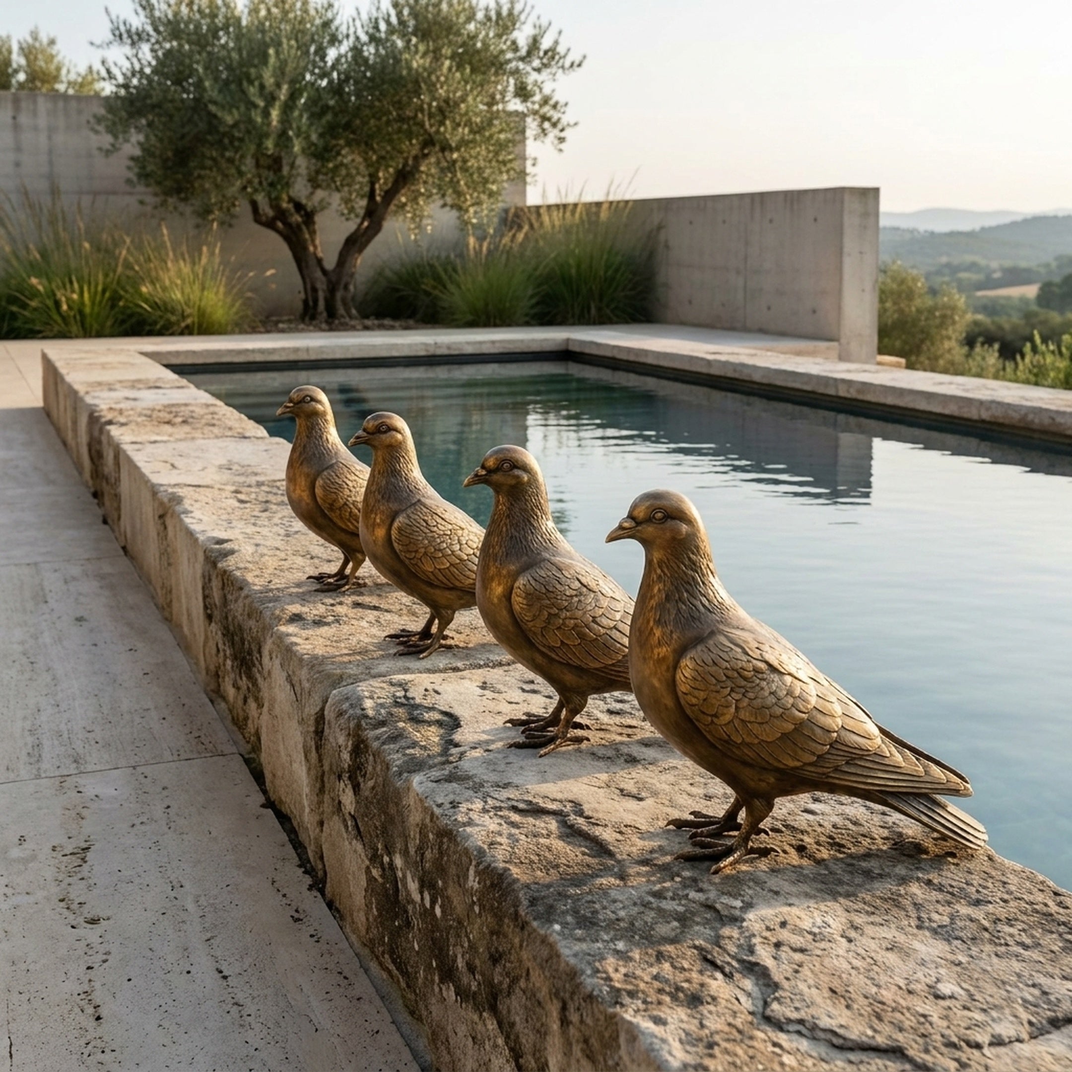 Traditional Pigeon Group Bronze Sculpture by Giant Sculptures, four golden-brown patinated birds lined along a stone pool ledge with olive tree and hillside view.