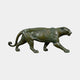 Traditional Prowling Panther Bronze Sculpture by Giant Sculptures in side profile, showing dark green verdigris patina over warm brown tones on a plain background.