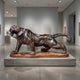 Traditional Prowling Tiger Bronze Sculpture by Giant Sculptures, 40cm, snarling in a low stance with dark brown patina on an oval wooden base in a gallery.