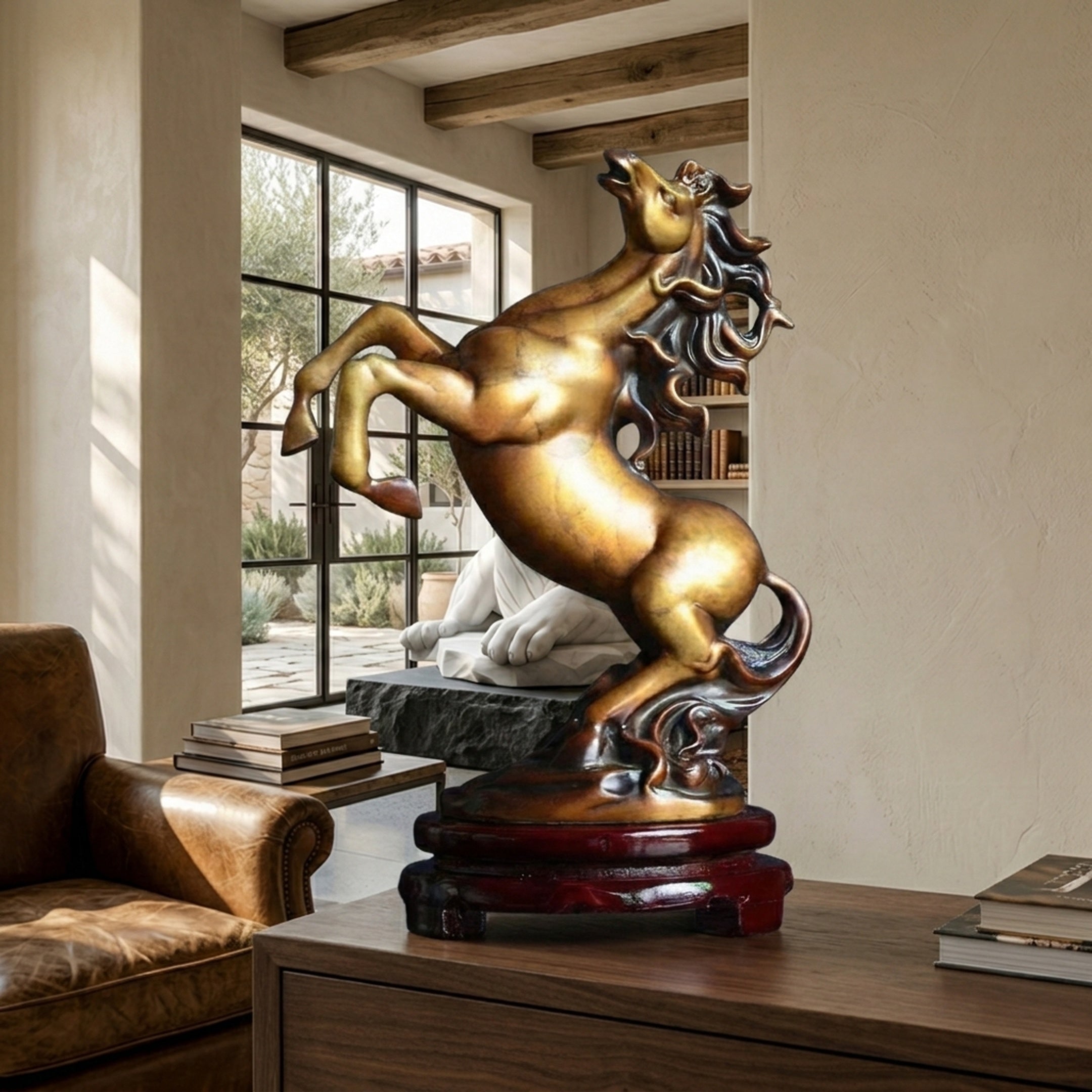 Traditional Rearing Horse Bronze Sculpture by Giant Sculptures on a lacquered wooden stand, displayed on a sideboard in a warm interior with leather armchair.
