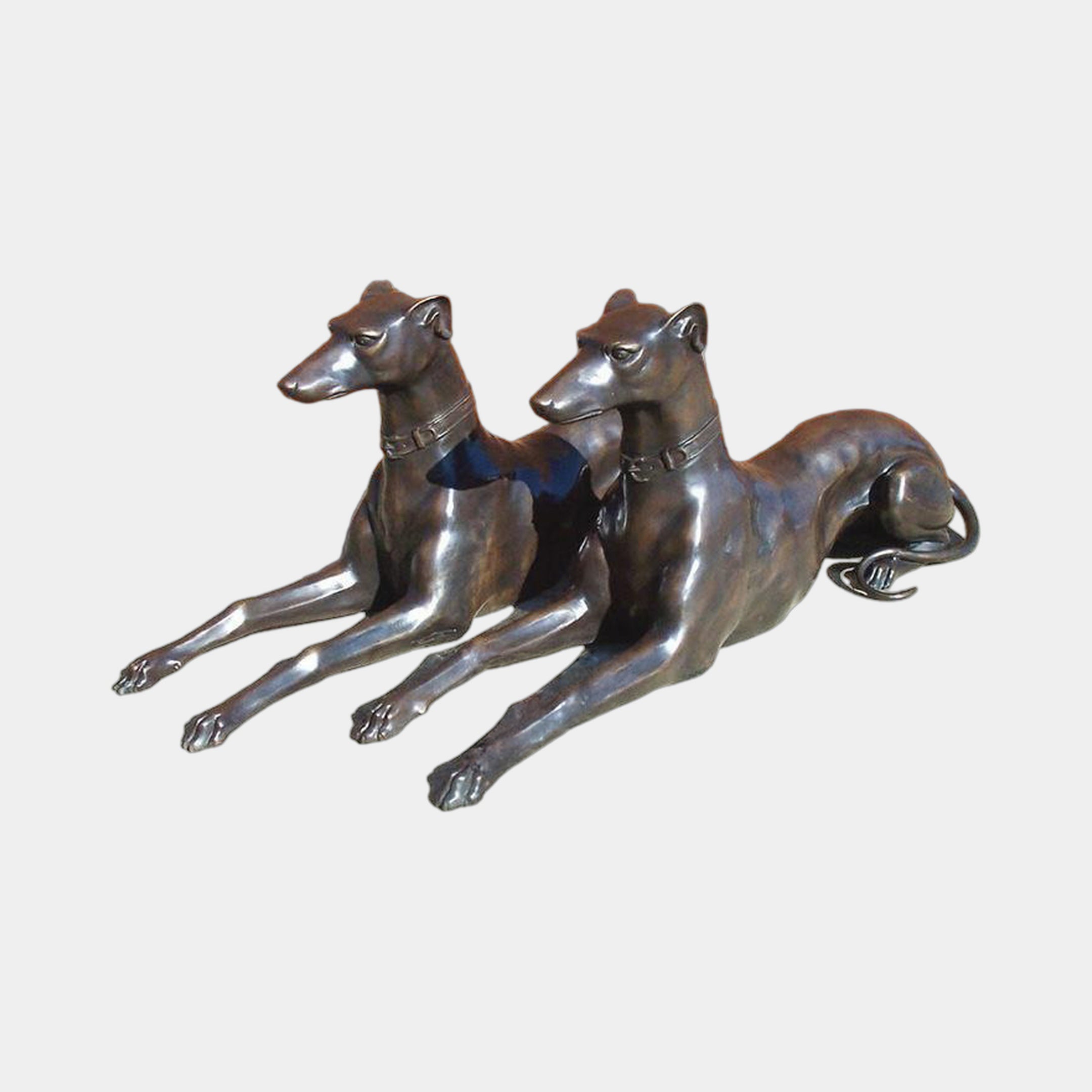 Traditional Reclining Greyhound Pair Bronze Sculpture by Giant Sculptures, two dogs lying side by side with raised heads and collars, dark patina on a plain background.