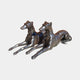Traditional Reclining Greyhound Pair Bronze Sculpture by Giant Sculptures, two dogs lying side by side with raised heads and collars, dark patina on a plain background.