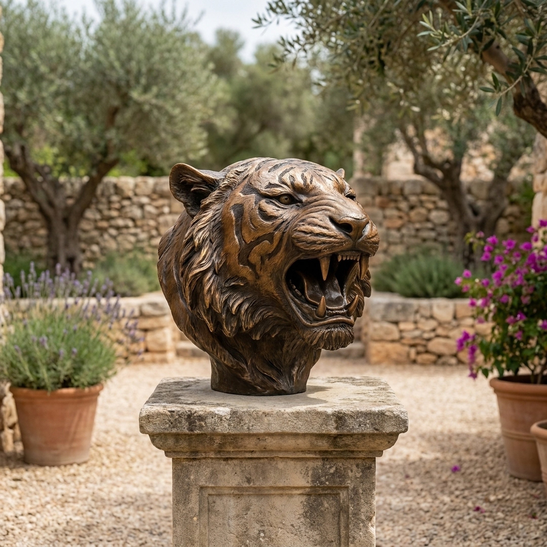 Traditional Roaring Tiger Head Bronze Bust by Giant Sculptures displayed on a weathered stone plinth in a Mediterranean garden with olive trees and lavender.
