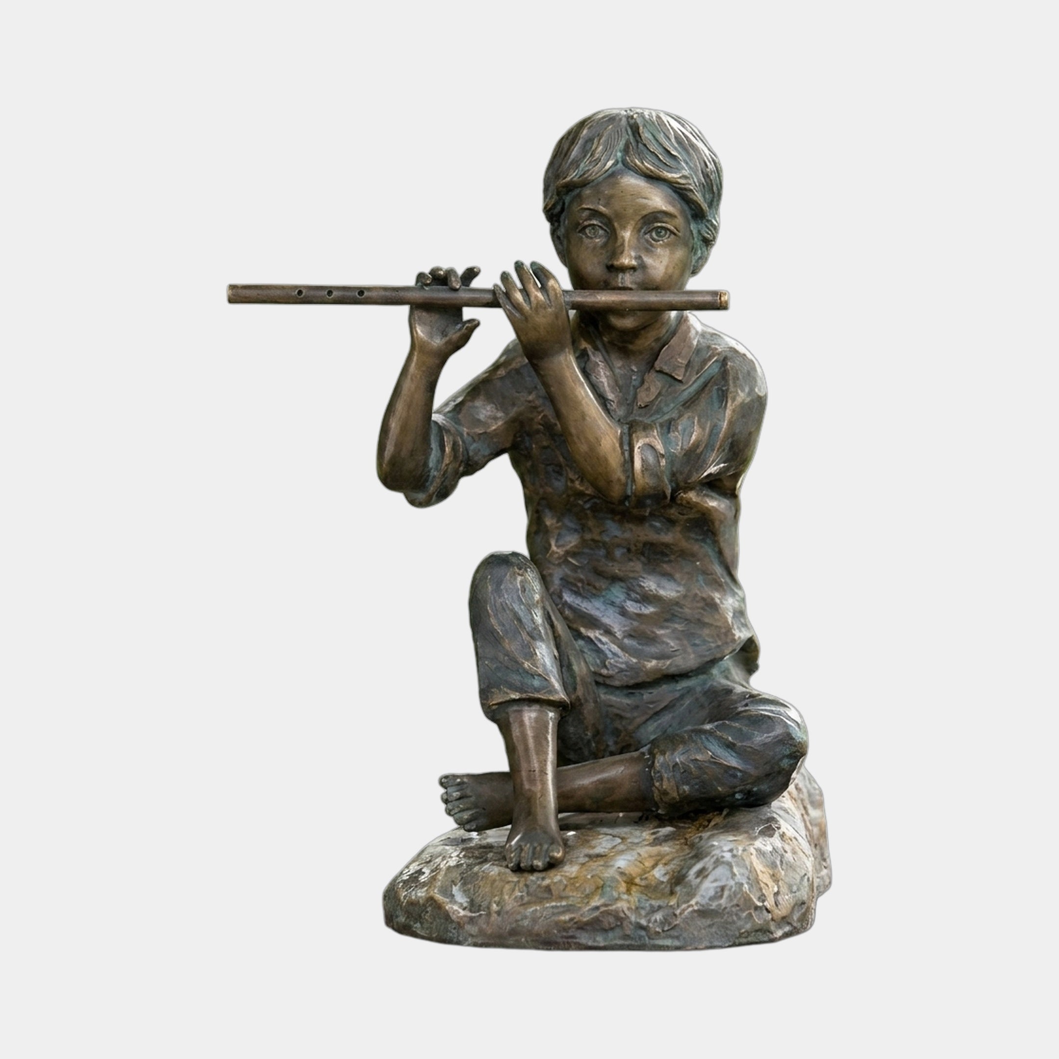 Giant Sculptures Traditional Seated Boy Playing Flute Bronze Fountain at 90cm, barefoot child cross-legged on a textured rock base with antique patina finish.
