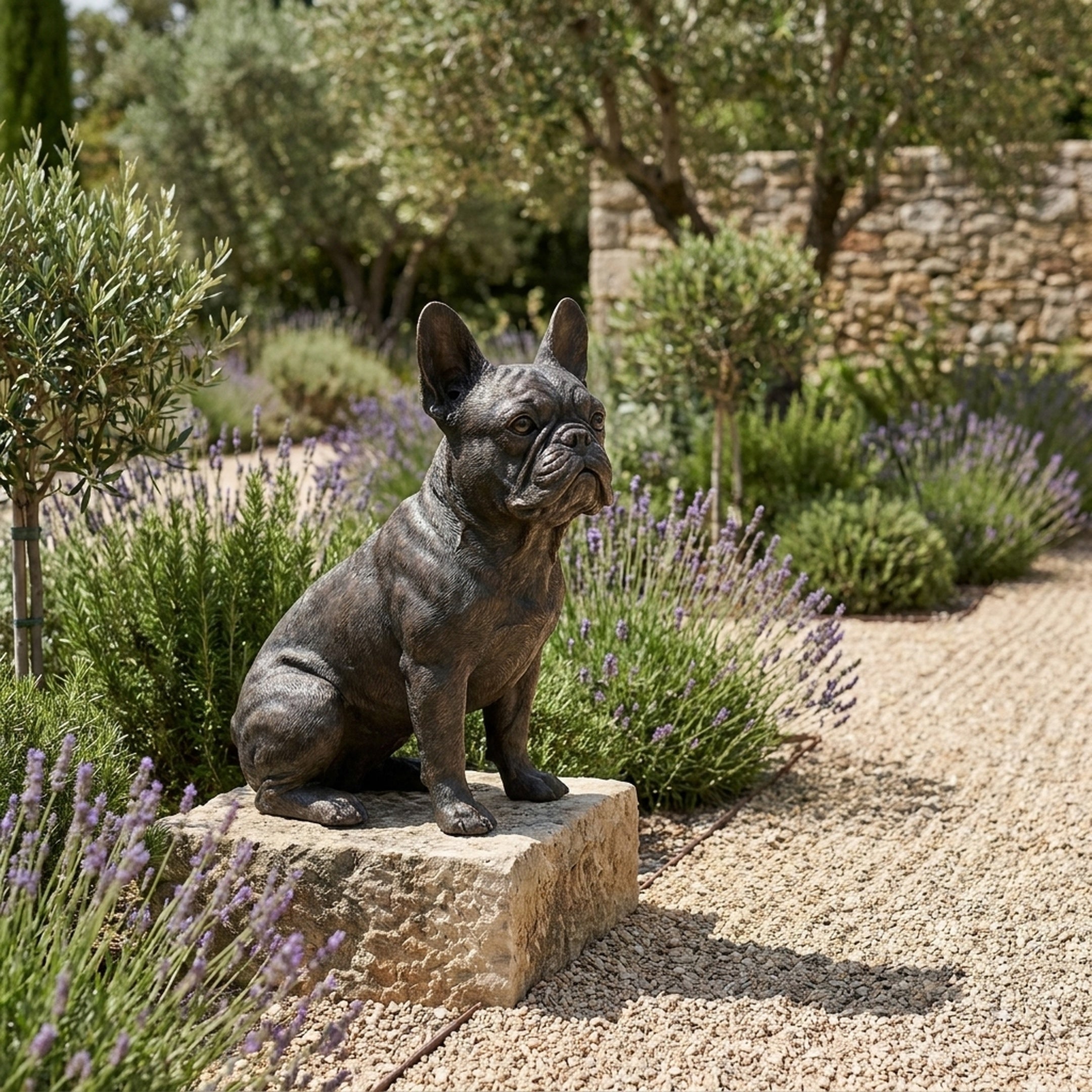 Traditional Seated French Bulldog Bronze Sculpture by Giant Sculptures, 60cm, displayed on a stone block beside a gravel path lined with lavender and olive trees.