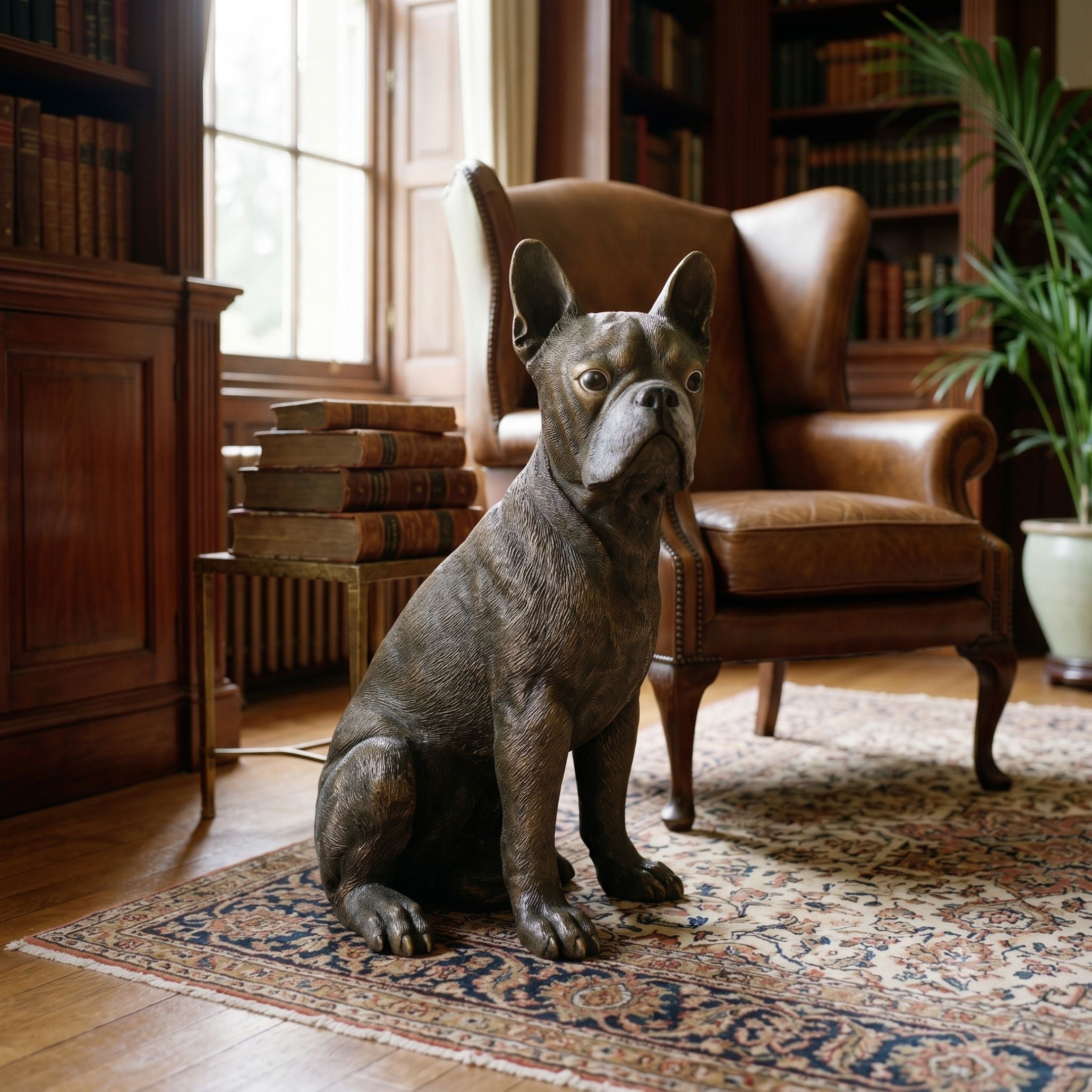 Traditional Seated French Bulldog Bronze Sculpture by Giant Sculptures, dark antique patina, displayed on a patterned rug beside a leather wingback chair in a library.