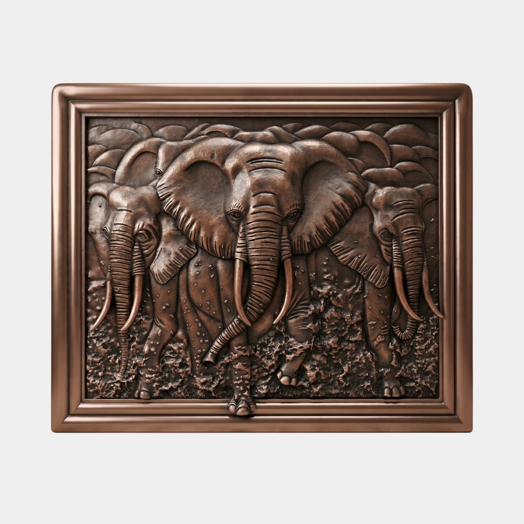 Traditional Three Elephants Advancing Bronze Relief by Giant Sculptures, 100cm antique copper-bronze wall panel with three tusked elephants in stepped frame.