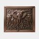 Traditional Three Elephants Advancing Bronze Relief by Giant Sculptures, 100cm antique copper-bronze wall panel with three tusked elephants in stepped frame.