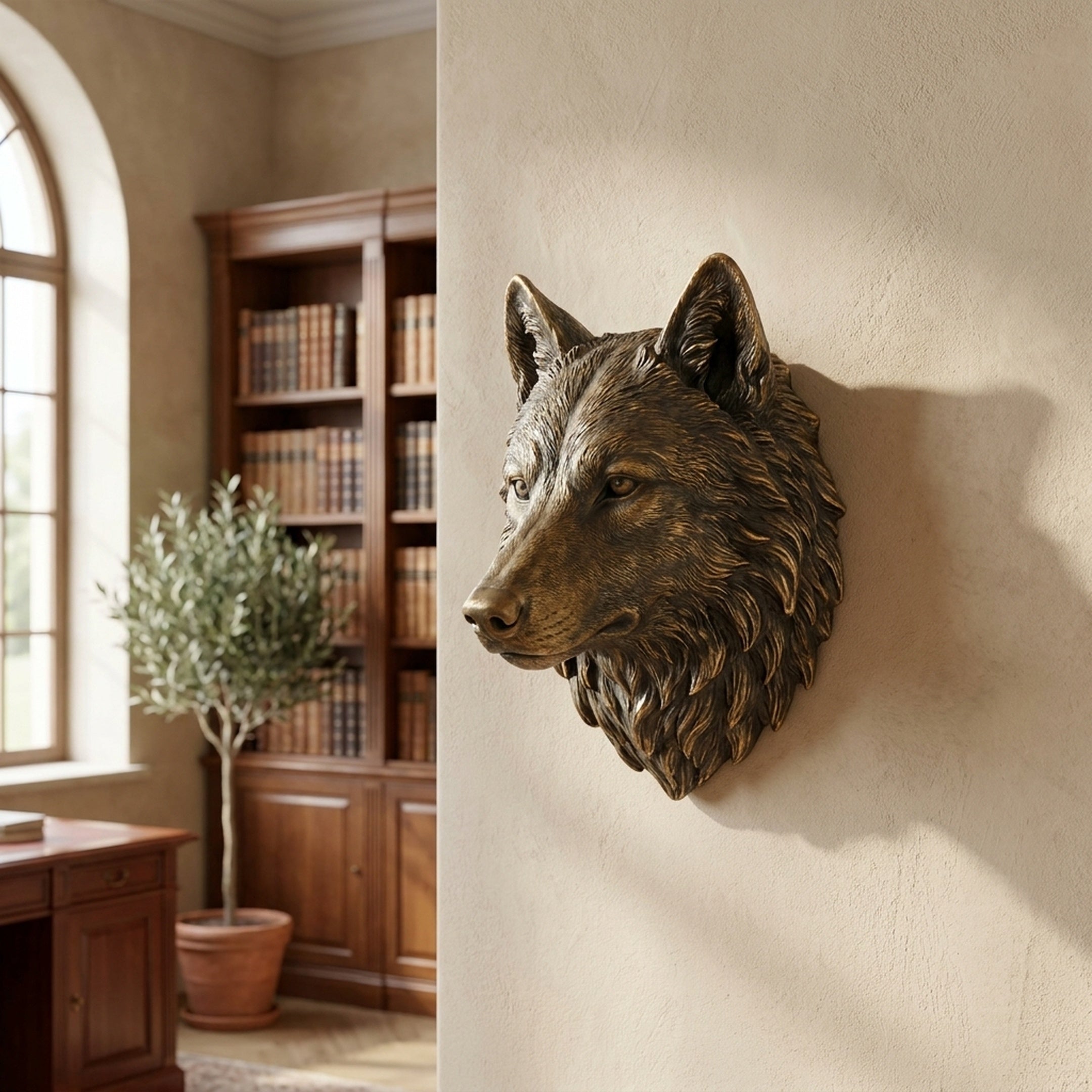 Traditional Wolf Head Bronze Sculpture by Giant Sculptures mounted on a beige wall beside a library with arched window, bookcase, and potted olive tree.